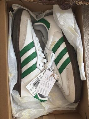 adidas White Sneakers with Green Stripes and Gum Sole
